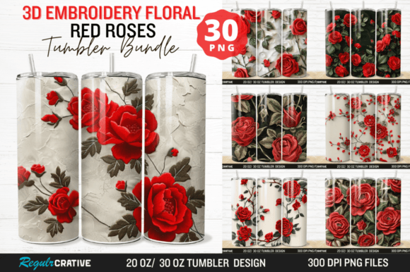 3D Embroidery Floral Red Roses Tumbler